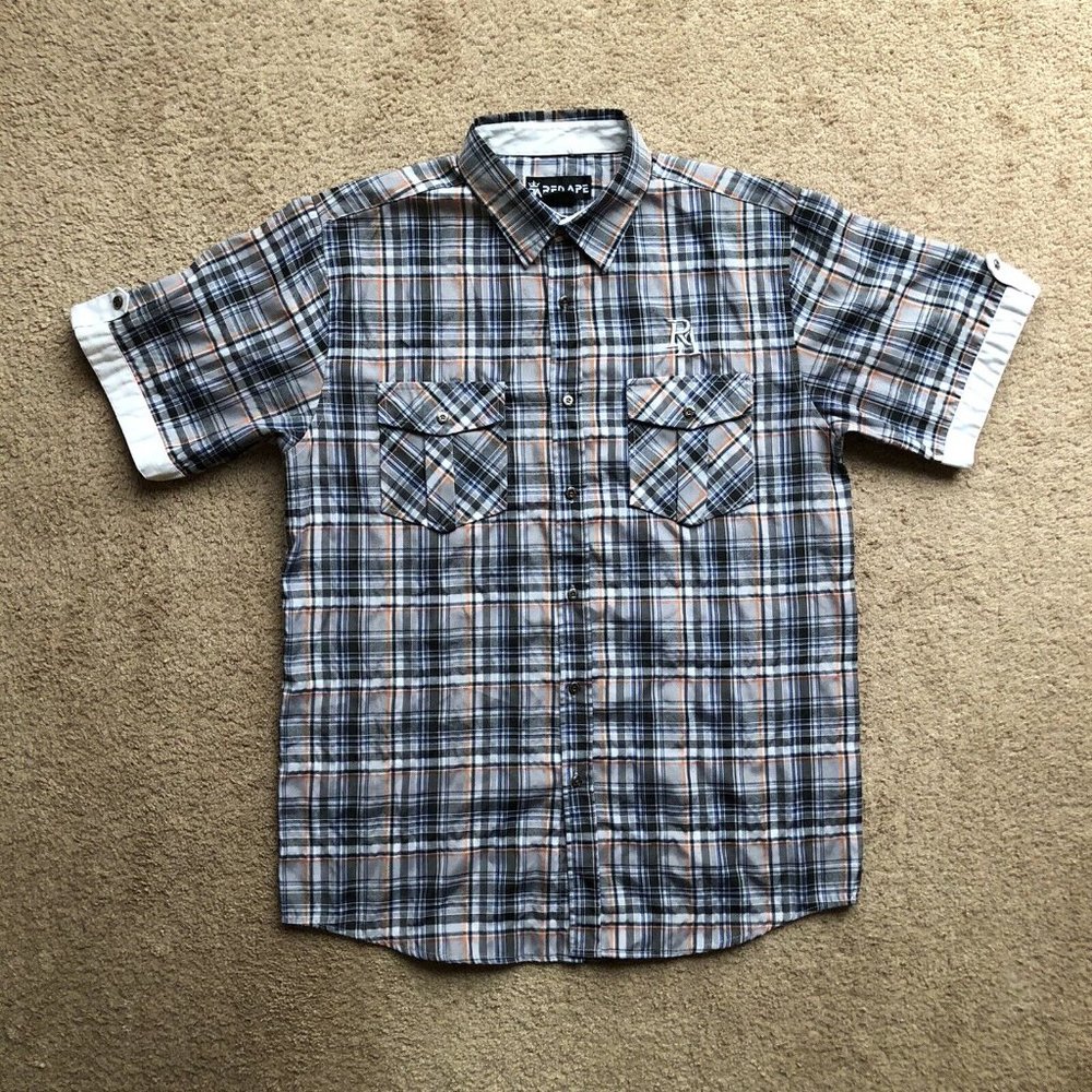 Red Ape Button Up Shirt Men's XL Short Sleeve Hip Hop Logo Crest Plaid